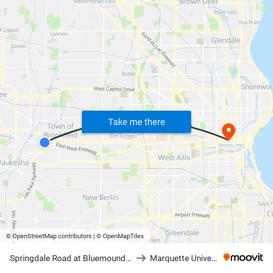 Springdale Road at Bluemound Road to Marquette University map
