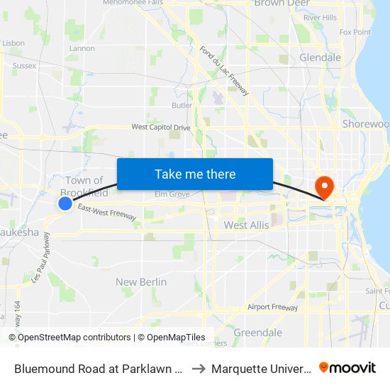 Bluemound Road at Parklawn Road to Marquette University map