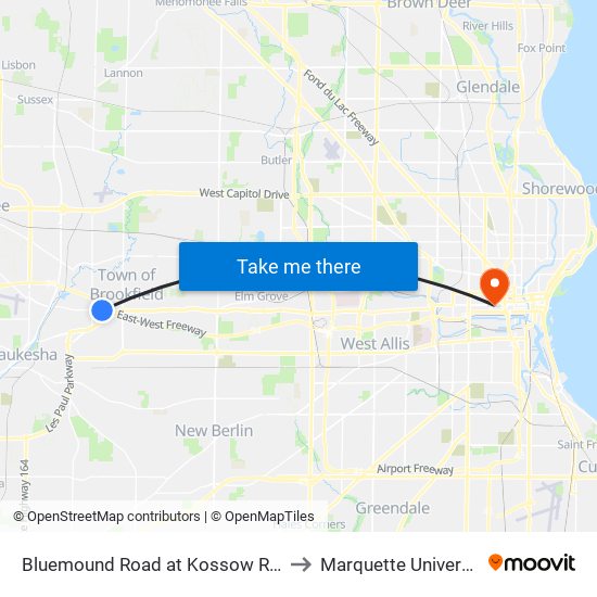 Bluemound Road at Kossow Road to Marquette University map