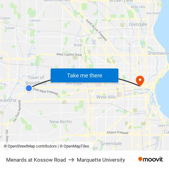 Menards at Kossow Road to Marquette University map