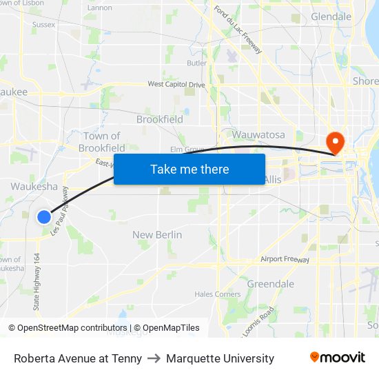 Roberta Avenue at Tenny to Marquette University map