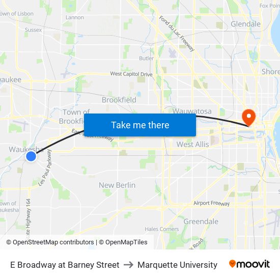 E Broadway at Barney Street to Marquette University map