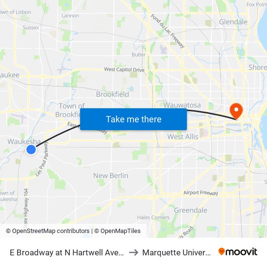 E Broadway at N Hartwell Avenue to Marquette University map