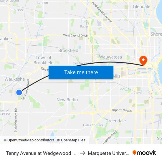 Tenny Avenue at Wedgewood Drive to Marquette University map