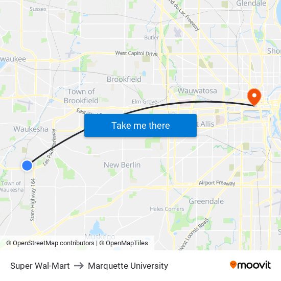 Super Wal-Mart to Marquette University map