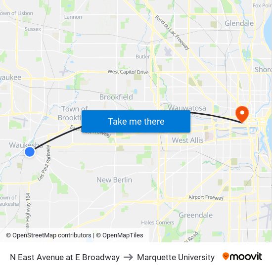 N East Avenue at E Broadway to Marquette University map