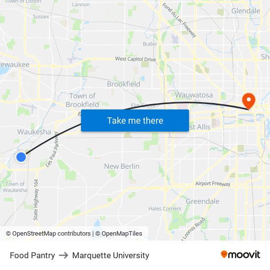 Food Pantry to Marquette University map