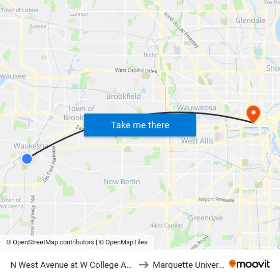 N West Avenue at W College Avenue to Marquette University map