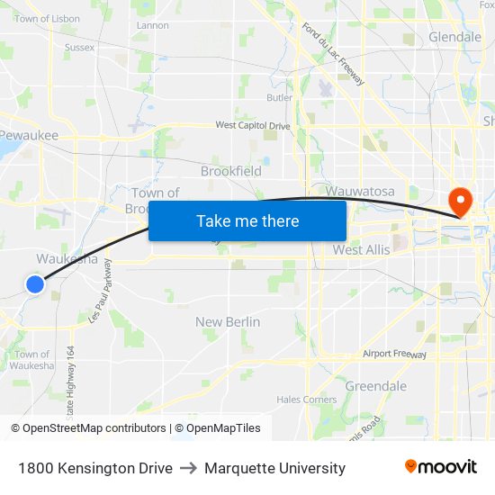 1800 Kensington Drive to Marquette University map