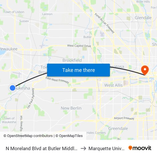 N Moreland Blvd at Butler Middle School to Marquette University map