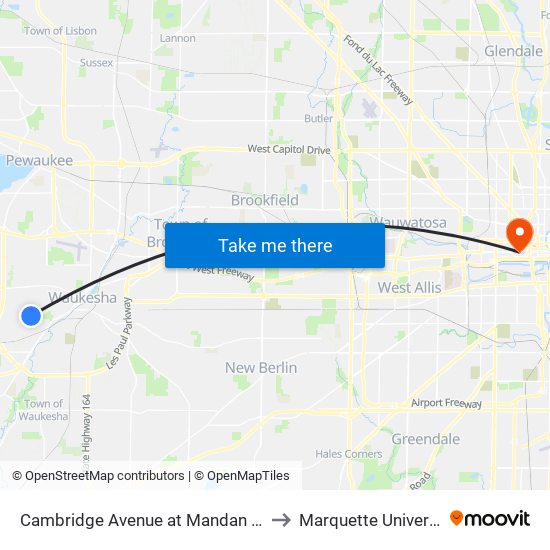 Cambridge Avenue at Mandan Drive to Marquette University map