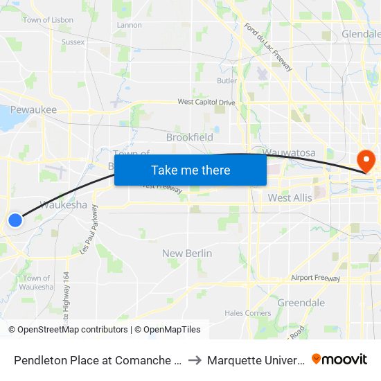 Pendleton Place at Comanche Lane to Marquette University map