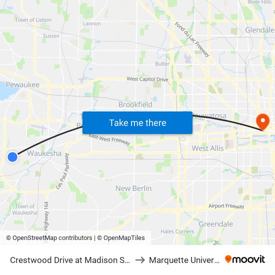 Crestwood Drive at Madison Street to Marquette University map