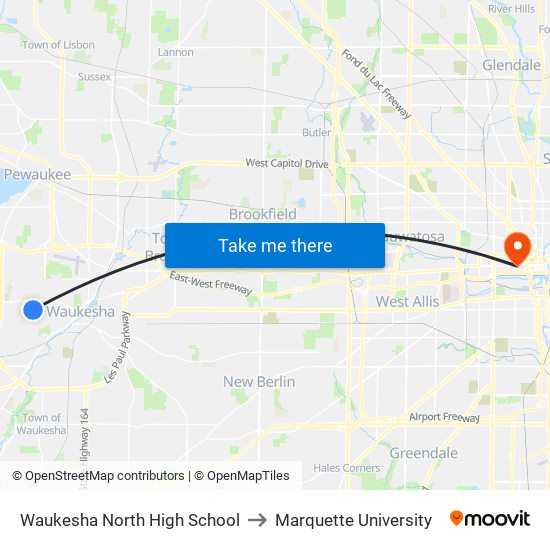 Waukesha North High School to Marquette University map