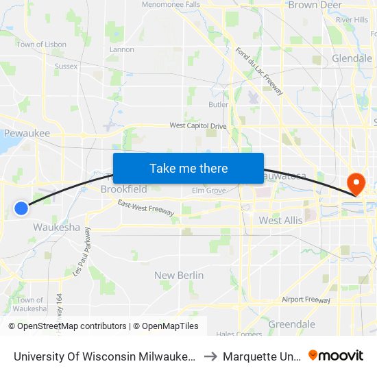 University Of Wisconsin Milwaukee at Waukesha to Marquette University map