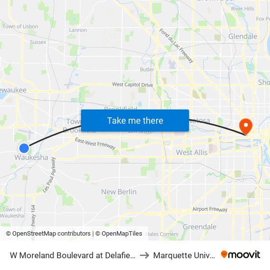 W Moreland Boulevard at Delafield Street to Marquette University map