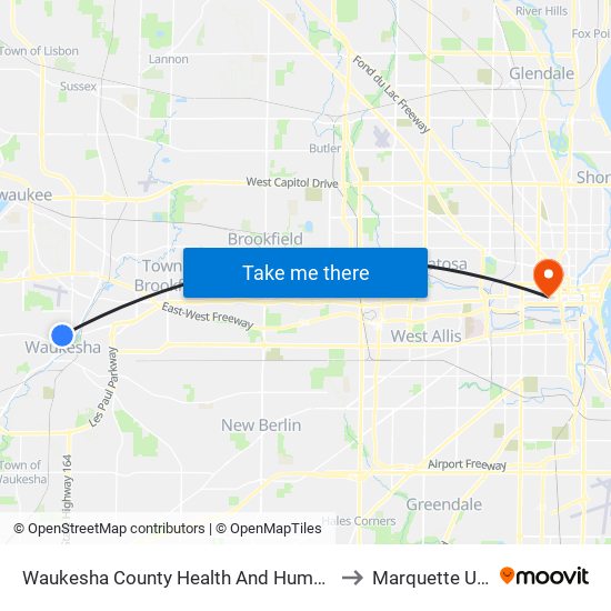 Waukesha County Health And Human Services Building to Marquette University map