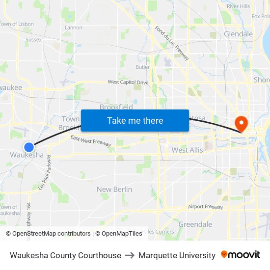 Waukesha County Courthouse to Marquette University map