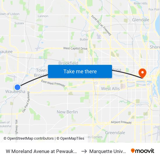 W Moreland Avenue at Pewaukee Road to Marquette University map