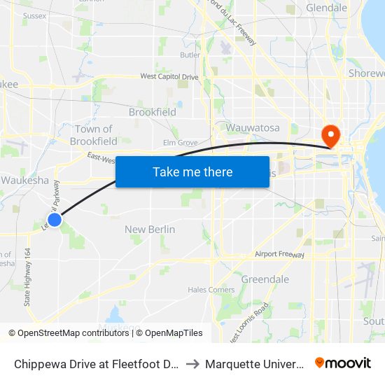 Chippewa Drive at Fleetfoot Drive to Marquette University map