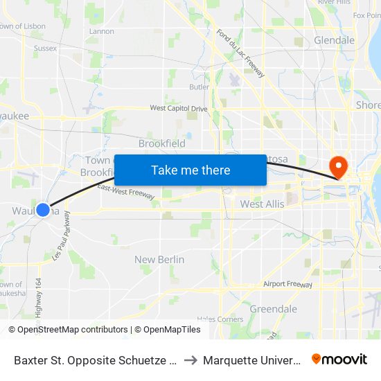 Baxter St. Opposite Schuetze Buil to Marquette University map
