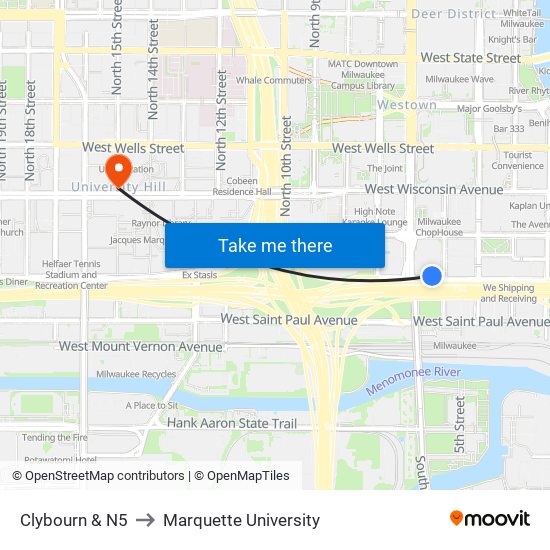 Clybourn & N5 to Marquette University map
