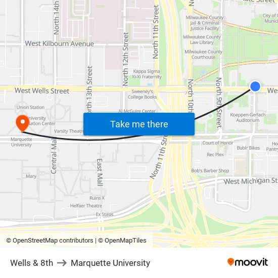 Wells & 8th to Marquette University map