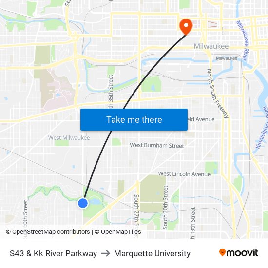 S43 & Kk River Parkway to Marquette University map