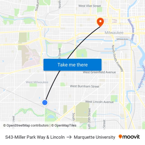 S43-Miller Park Way & Lincoln to Marquette University map