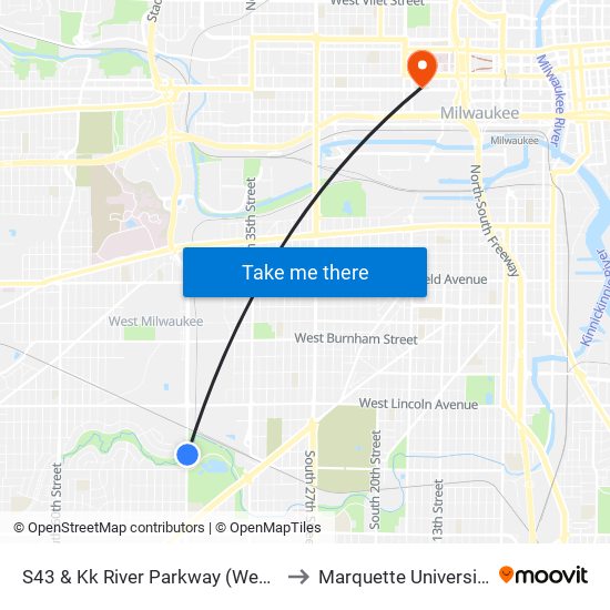 S43 & Kk River Parkway (West) to Marquette University map