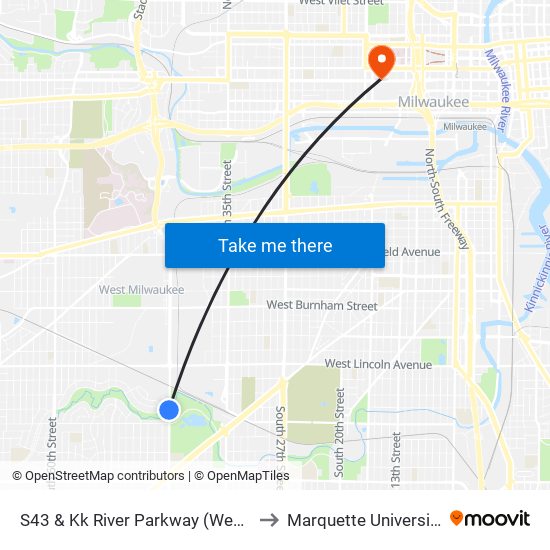 S43 & Kk River Parkway (West) to Marquette University map