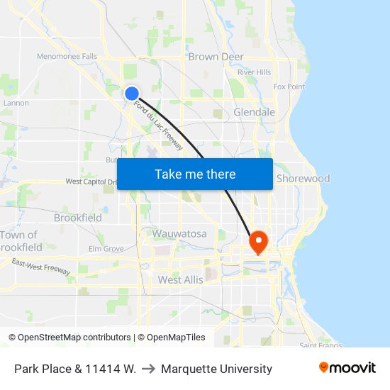 Park Place & 11414 W. to Marquette University map