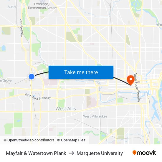 Mayfair & Watertown Plank to Marquette University map