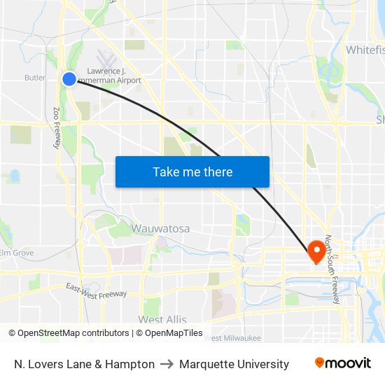 N. Lovers Lane & Hampton to Marquette University map
