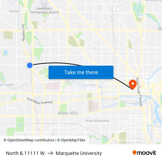 North & 11111 W. to Marquette University map