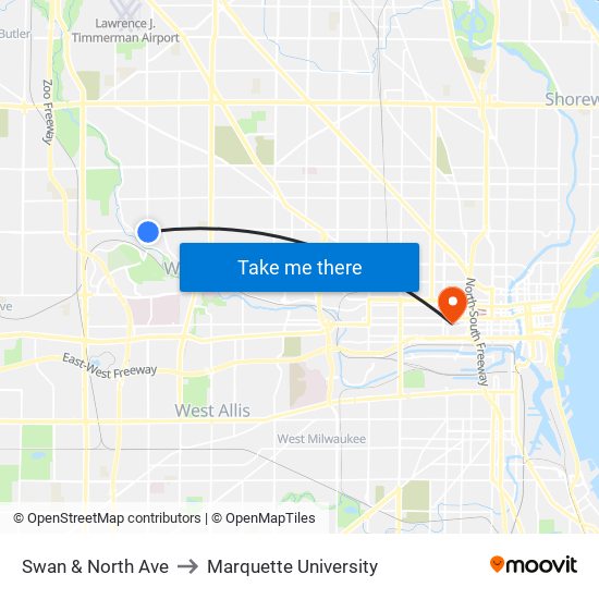 Swan & North Ave to Marquette University map