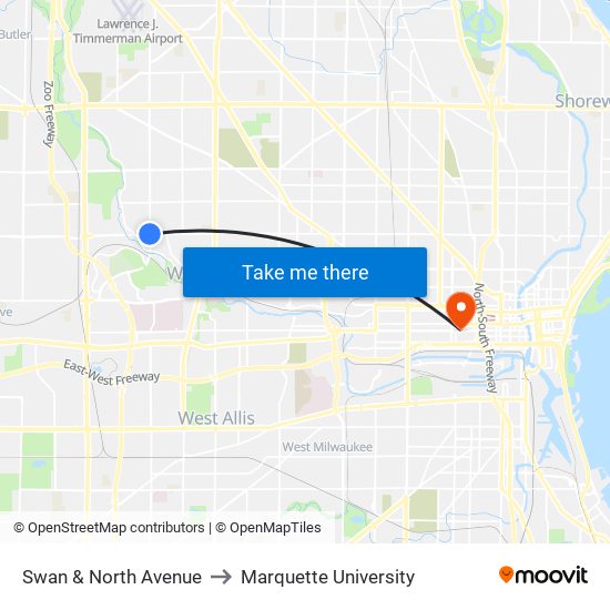 Swan & North Avenue to Marquette University map