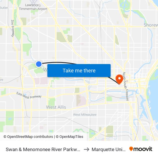 Swan & Menomonee River Parkway (Farside) to Marquette University map