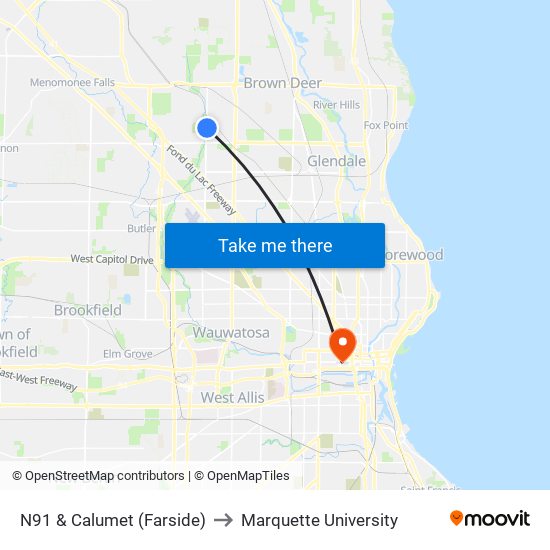 N91 & Calumet (Farside) to Marquette University map