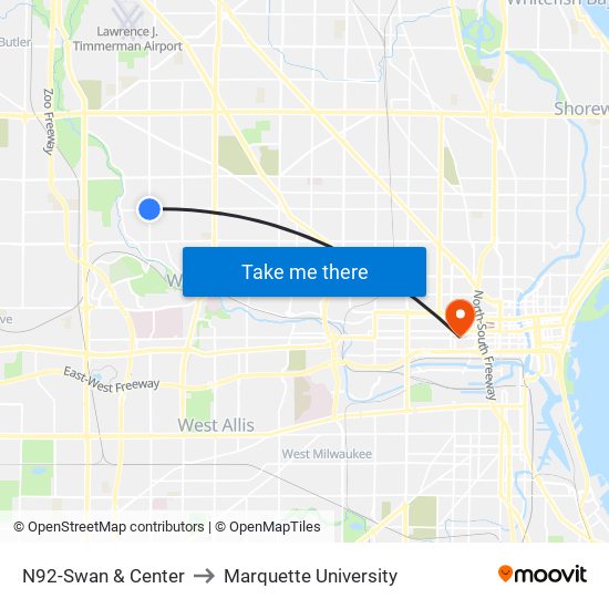 N92-Swan & Center to Marquette University map