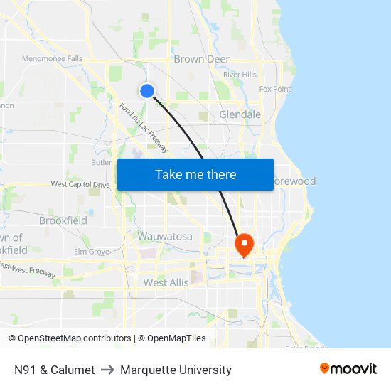 N91 & Calumet to Marquette University map