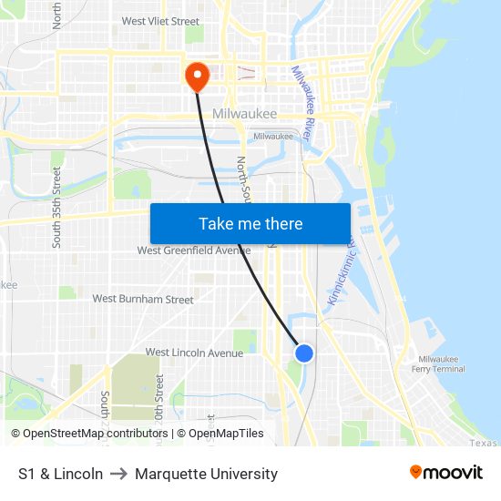 S1 & Lincoln to Marquette University map