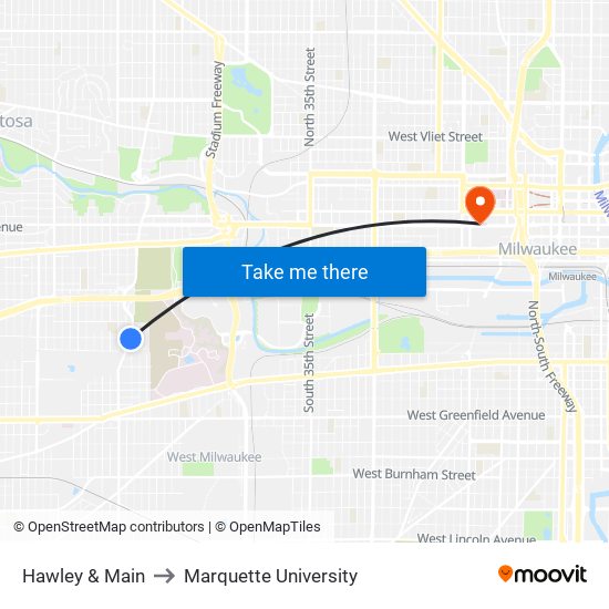 Hawley & Main to Marquette University map