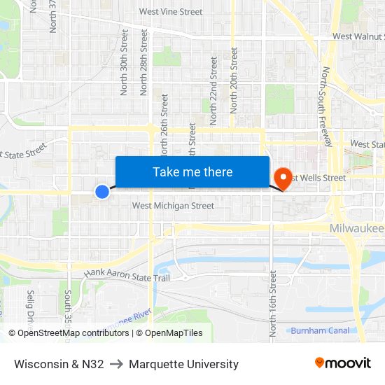 Wisconsin & N32 to Marquette University map