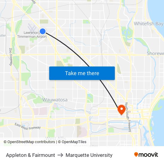 Appleton & Fairmount to Marquette University map