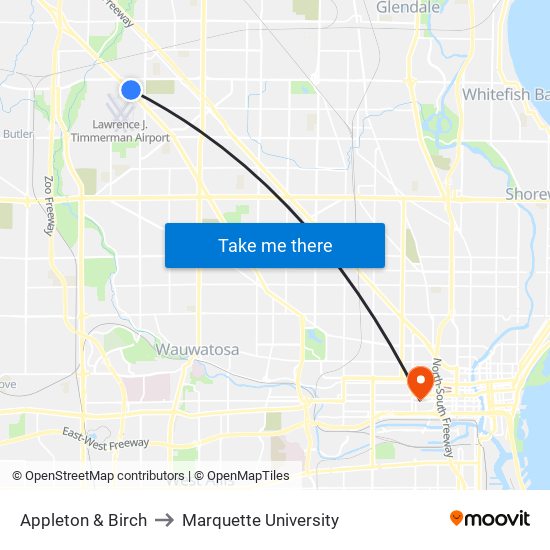 Appleton & Birch to Marquette University map
