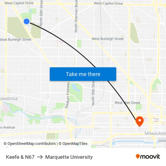 Keefe & N67 to Marquette University map