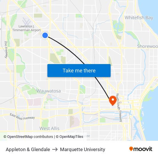 Appleton & Glendale to Marquette University map