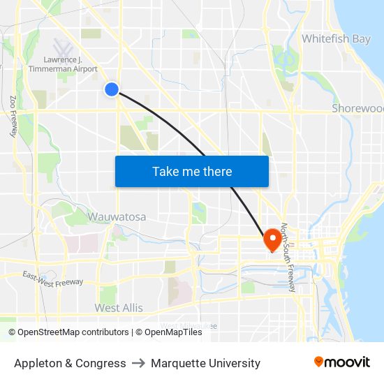 Appleton & Congress to Marquette University map