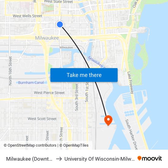 Milwaukee (Downtown) to University Of Wisconsin-Milwaukee map